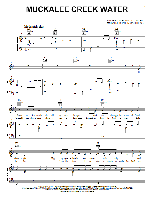 Download Luke Bryan Muckalee Creek Water Sheet Music and learn how to play Piano, Vocal & Guitar (Right-Hand Melody) PDF digital score in minutes