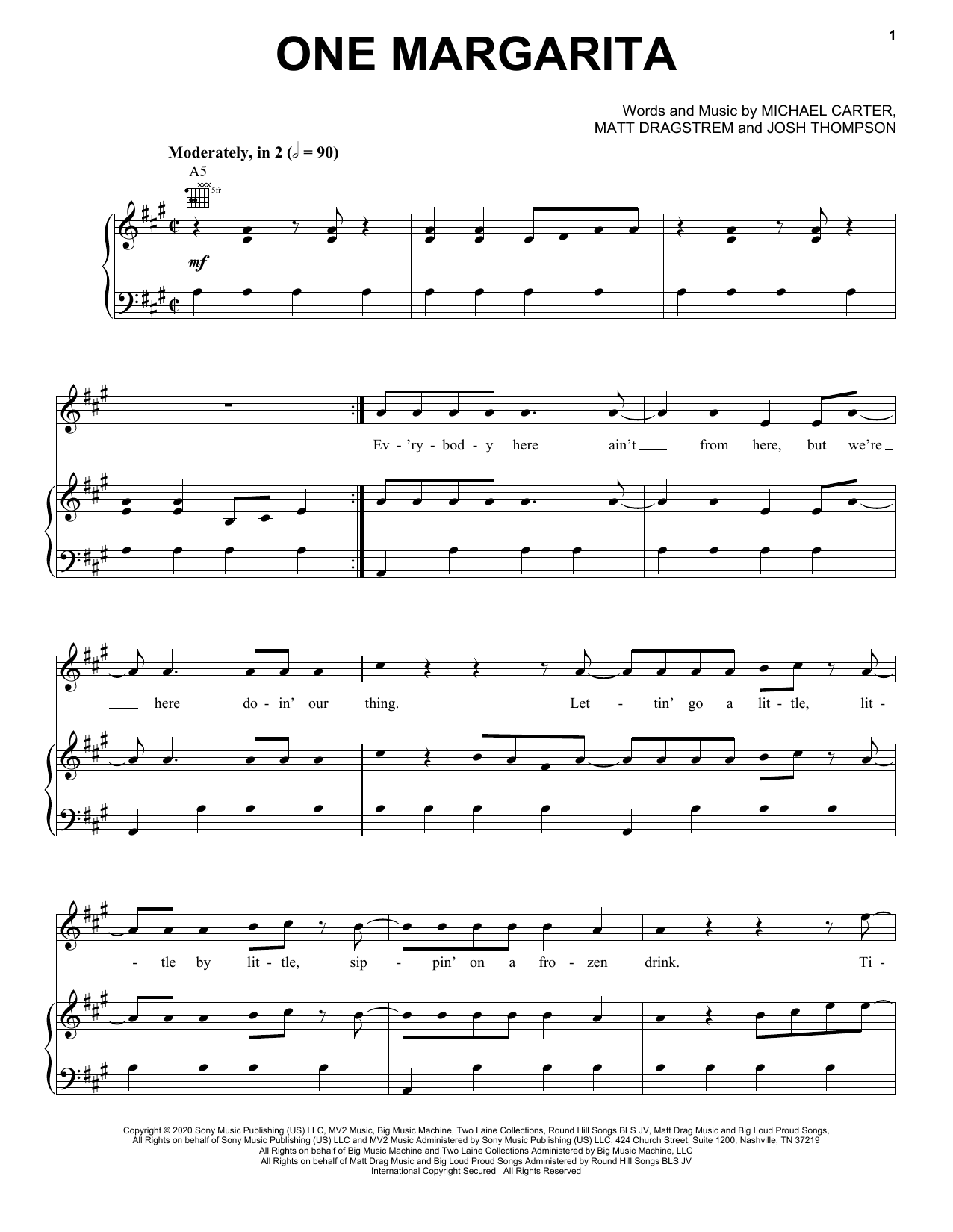 Download Luke Bryan One Margarita Sheet Music and learn how to play Piano, Vocal & Guitar Chords (Right-Hand Melody) PDF digital score in minutes