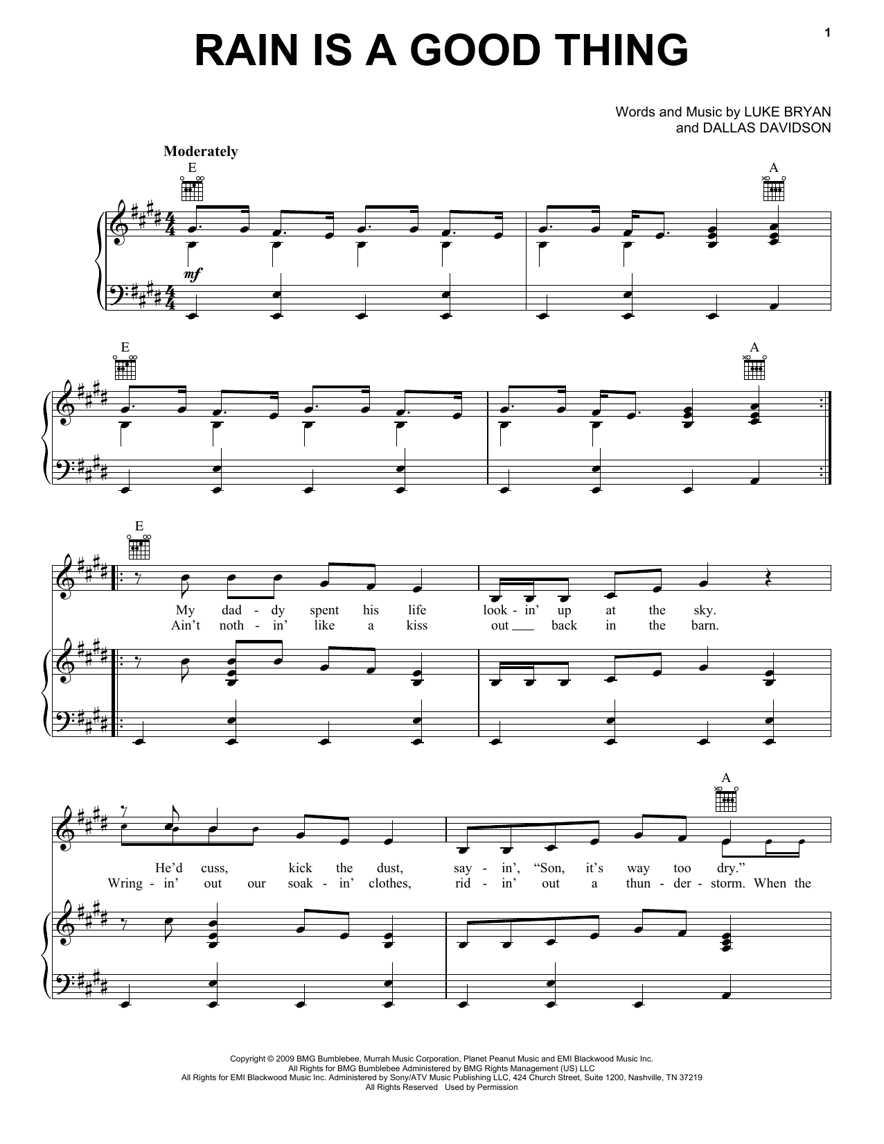 Download Luke Bryan Rain Is A Good Thing Sheet Music and learn how to play Piano, Vocal & Guitar (Right-Hand Melody) PDF digital score in minutes
