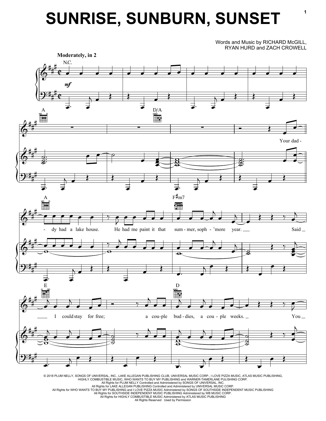 Download Luke Bryan Sunrise, Sunburn, Sunset Sheet Music and learn how to play Piano, Vocal & Guitar Chords (Right-Hand Melody) PDF digital score in minutes