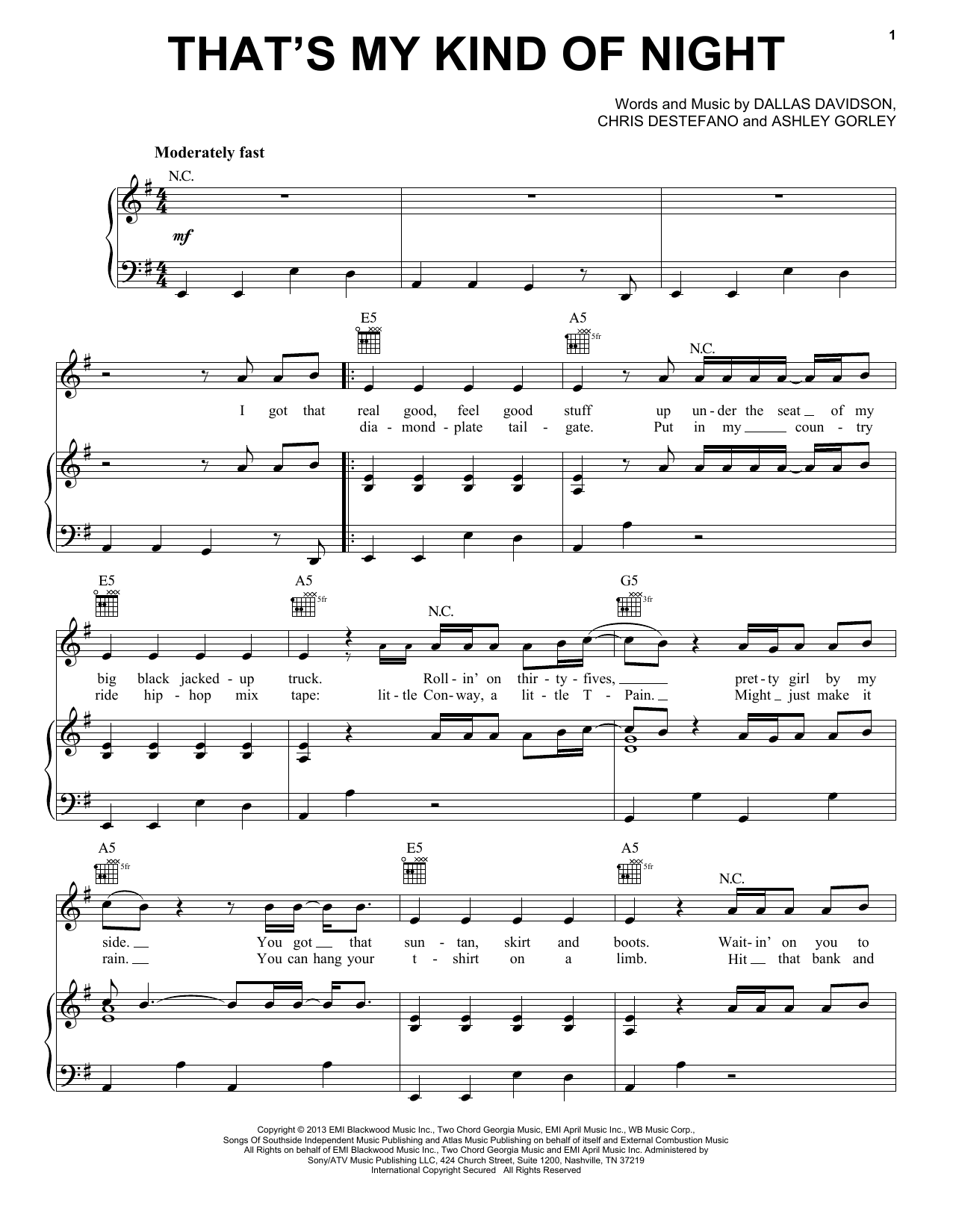 Download Luke Bryan That's My Kind Of Night Sheet Music and learn how to play Piano, Vocal & Guitar (Right-Hand Melody) PDF digital score in minutes