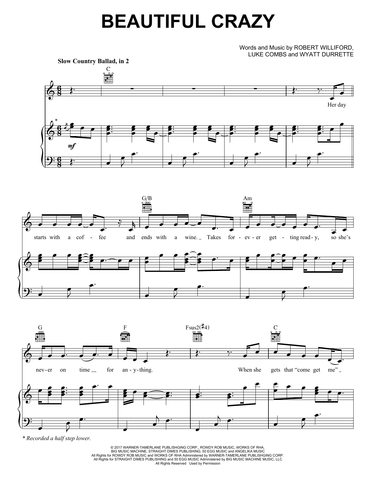 Download Luke Combs Beautiful Crazy Sheet Music and learn how to play Piano, Vocal & Guitar Chords (Right-Hand Melody) PDF digital score in minutes