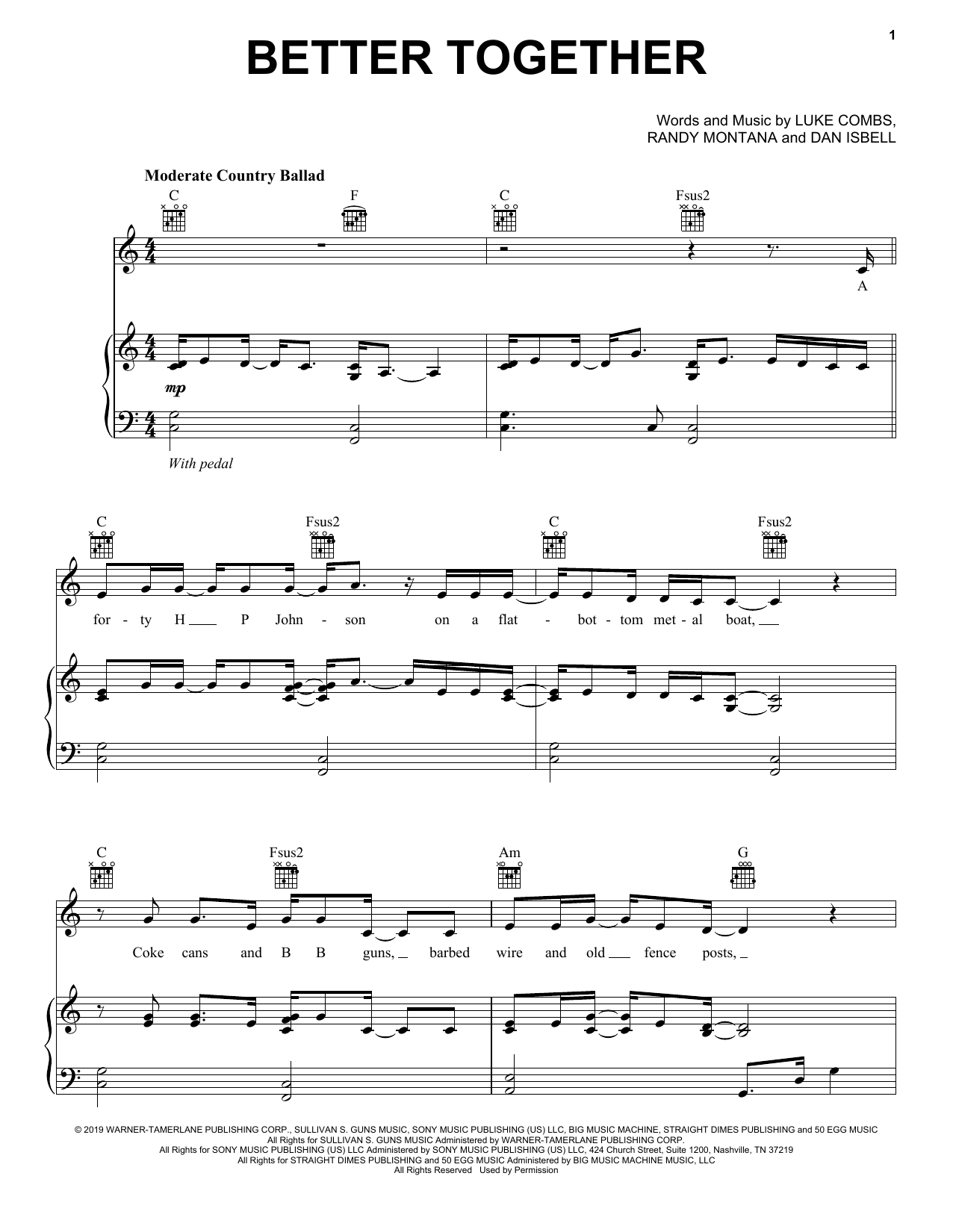 Download Luke Combs Better Together Sheet Music and learn how to play Piano, Vocal & Guitar Chords (Right-Hand Melody) PDF digital score in minutes