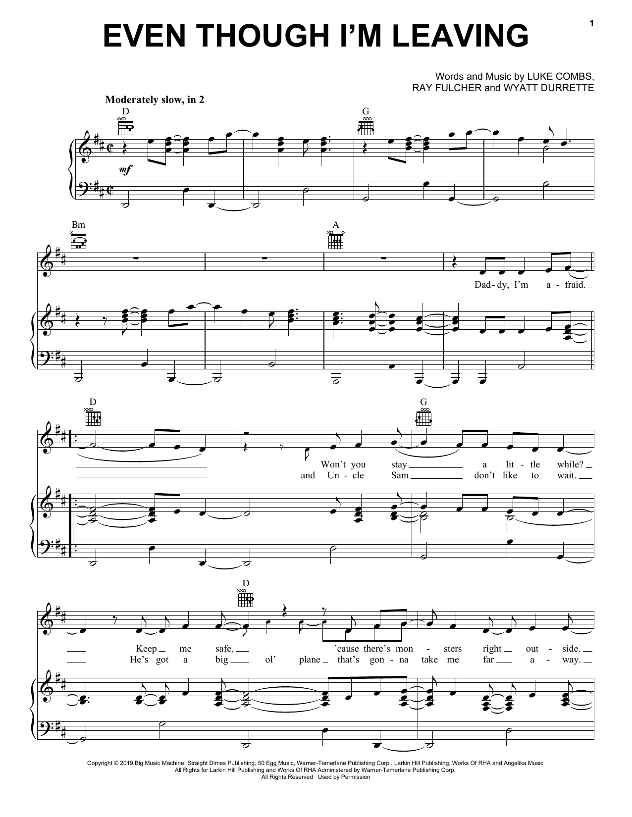 Download Luke Combs Even Though I'm Leaving Sheet Music and learn how to play Piano, Vocal & Guitar Chords (Right-Hand Melody) PDF digital score in minutes