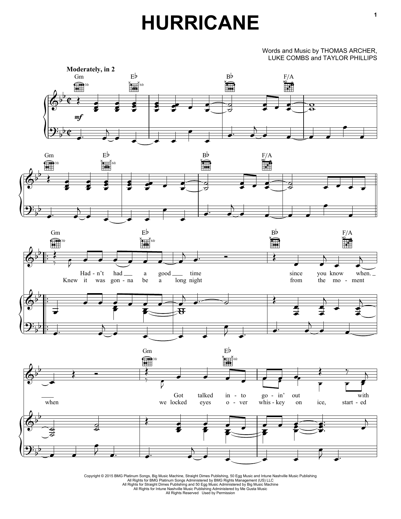 Download Luke Combs Hurricane Sheet Music and learn how to play Piano, Vocal & Guitar (Right-Hand Melody) PDF digital score in minutes