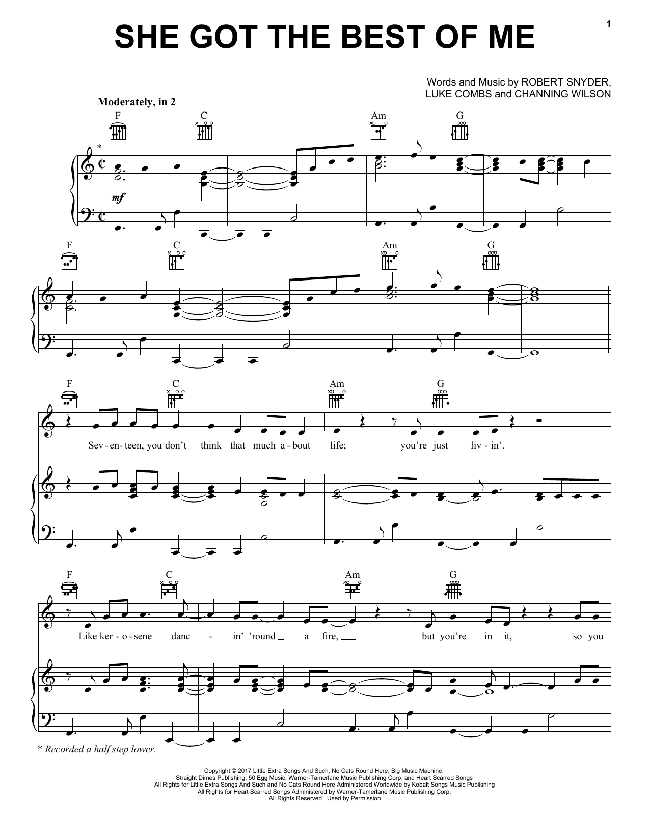 Download Luke Combs She Got The Best Of Me Sheet Music and learn how to play Piano, Vocal & Guitar Chords (Right-Hand Melody) PDF digital score in minutes