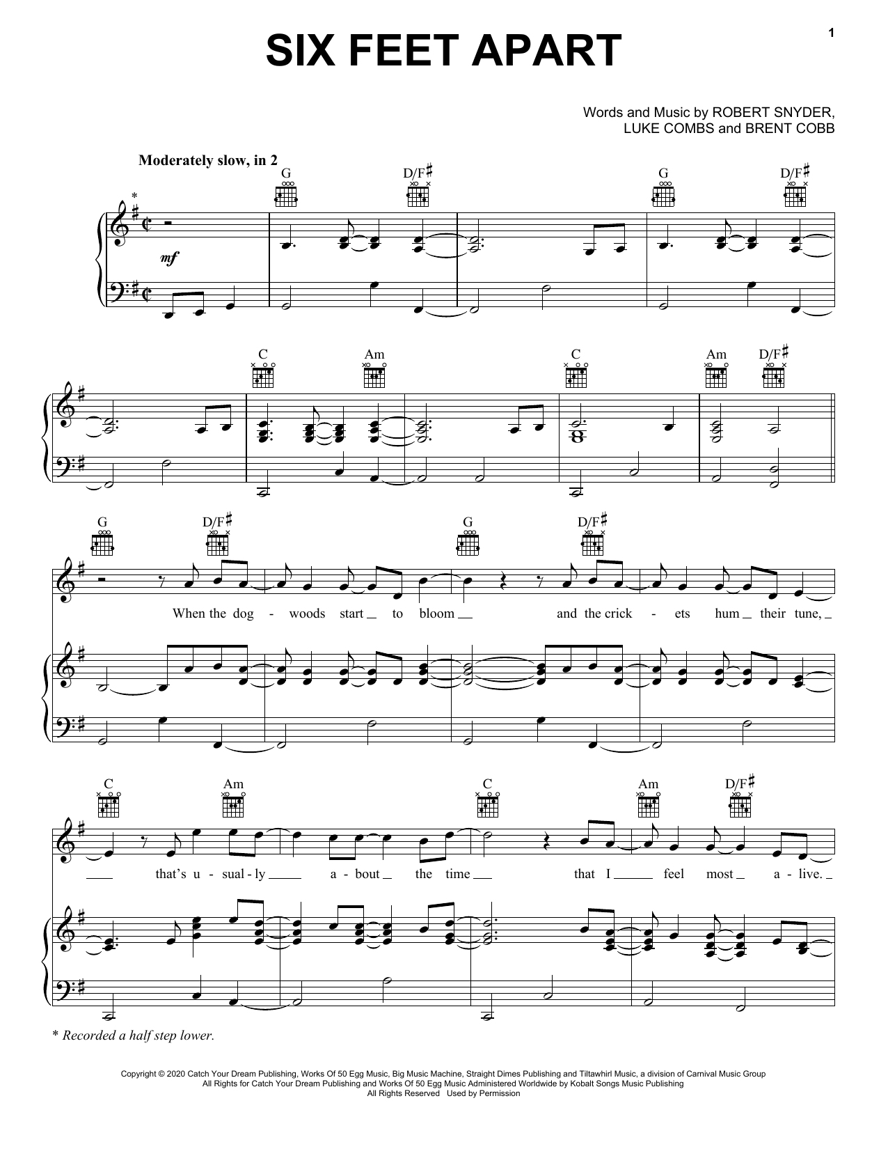 Download Luke Combs Six Feet Apart Sheet Music and learn how to play Piano, Vocal & Guitar Chords (Right-Hand Melody) PDF digital score in minutes