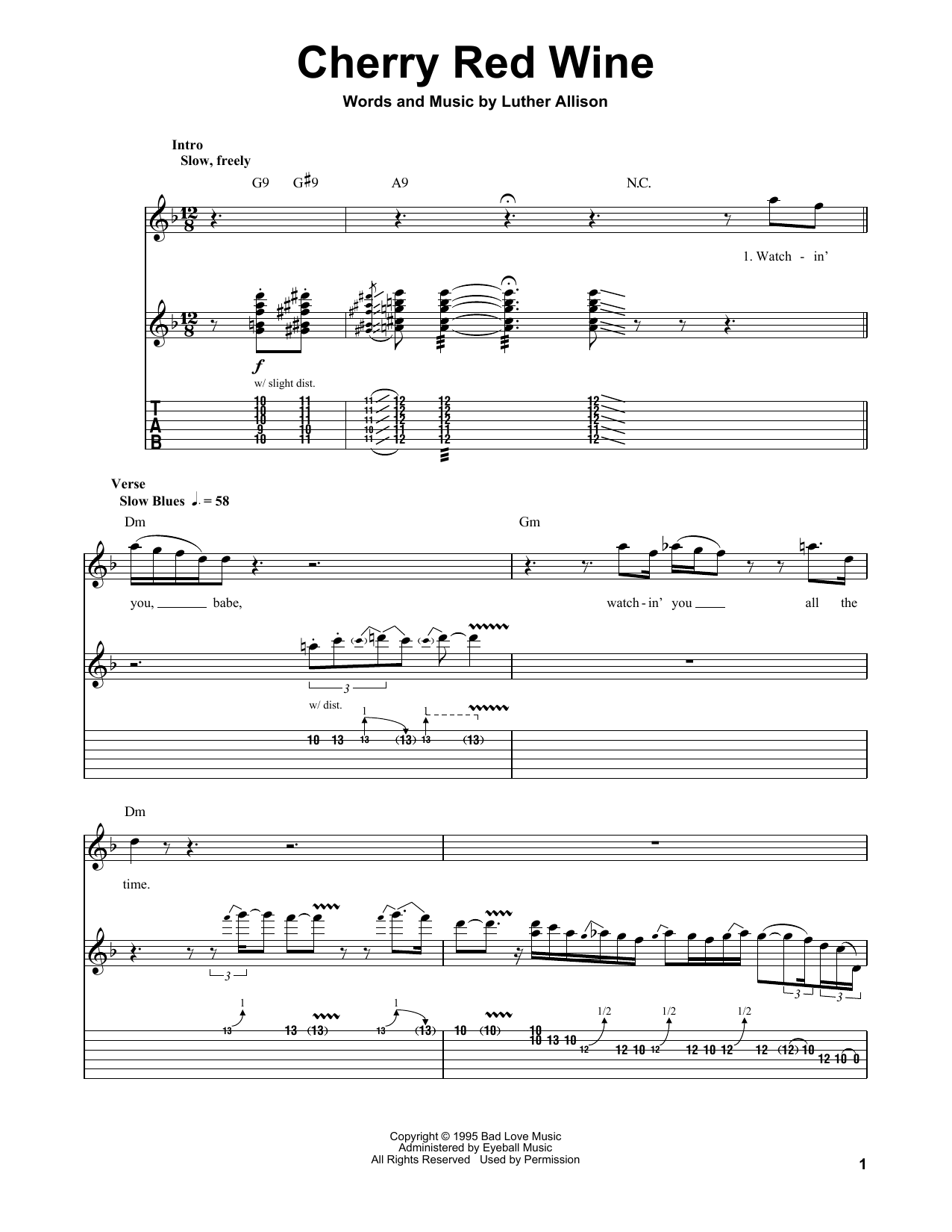 Download Luther Allison Cherry Red Wine Sheet Music and learn how to play Guitar Tab Play-Along PDF digital score in minutes