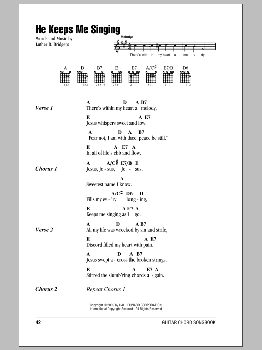 Download Luther B. Bridgers He Keeps Me Singing Sheet Music and learn how to play Lyrics & Chords PDF digital score in minutes