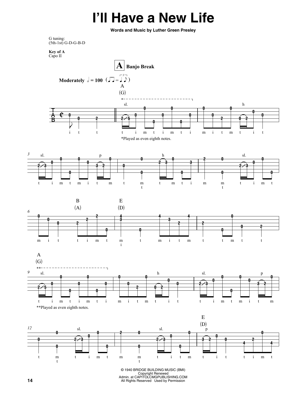 Download Luther Green Presley I'll Have A New Life Sheet Music and learn how to play Banjo PDF digital score in minutes