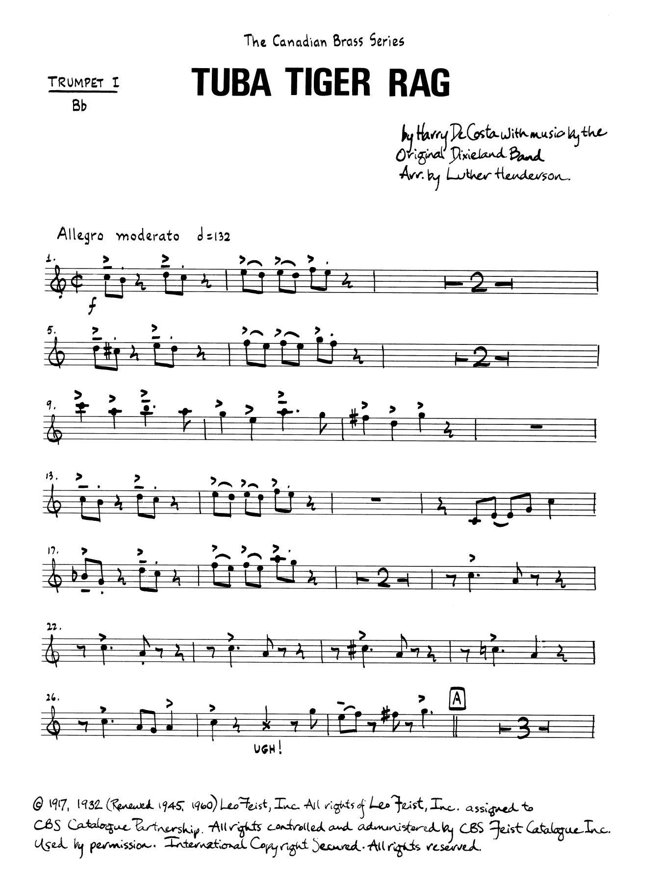 Download Luther Henderson Tuba Tiger Rag - Bb Trumpet 1 (Brass Quintet) Sheet Music and learn how to play Brass Ensemble PDF digital score in minutes