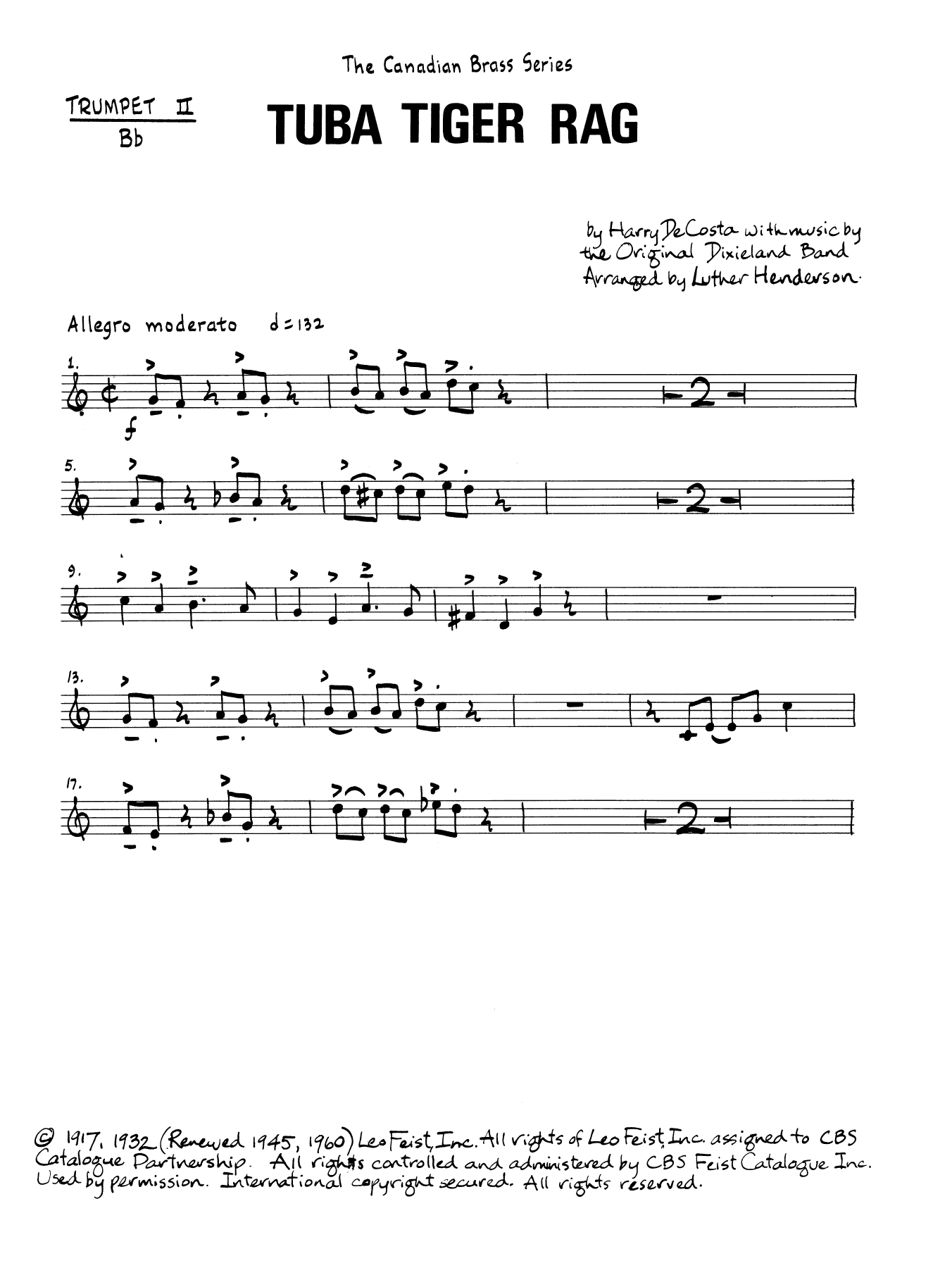 Download Luther Henderson Tuba Tiger Rag - Bb Trumpet 2 (Brass Quintet) Sheet Music and learn how to play Brass Ensemble PDF digital score in minutes
