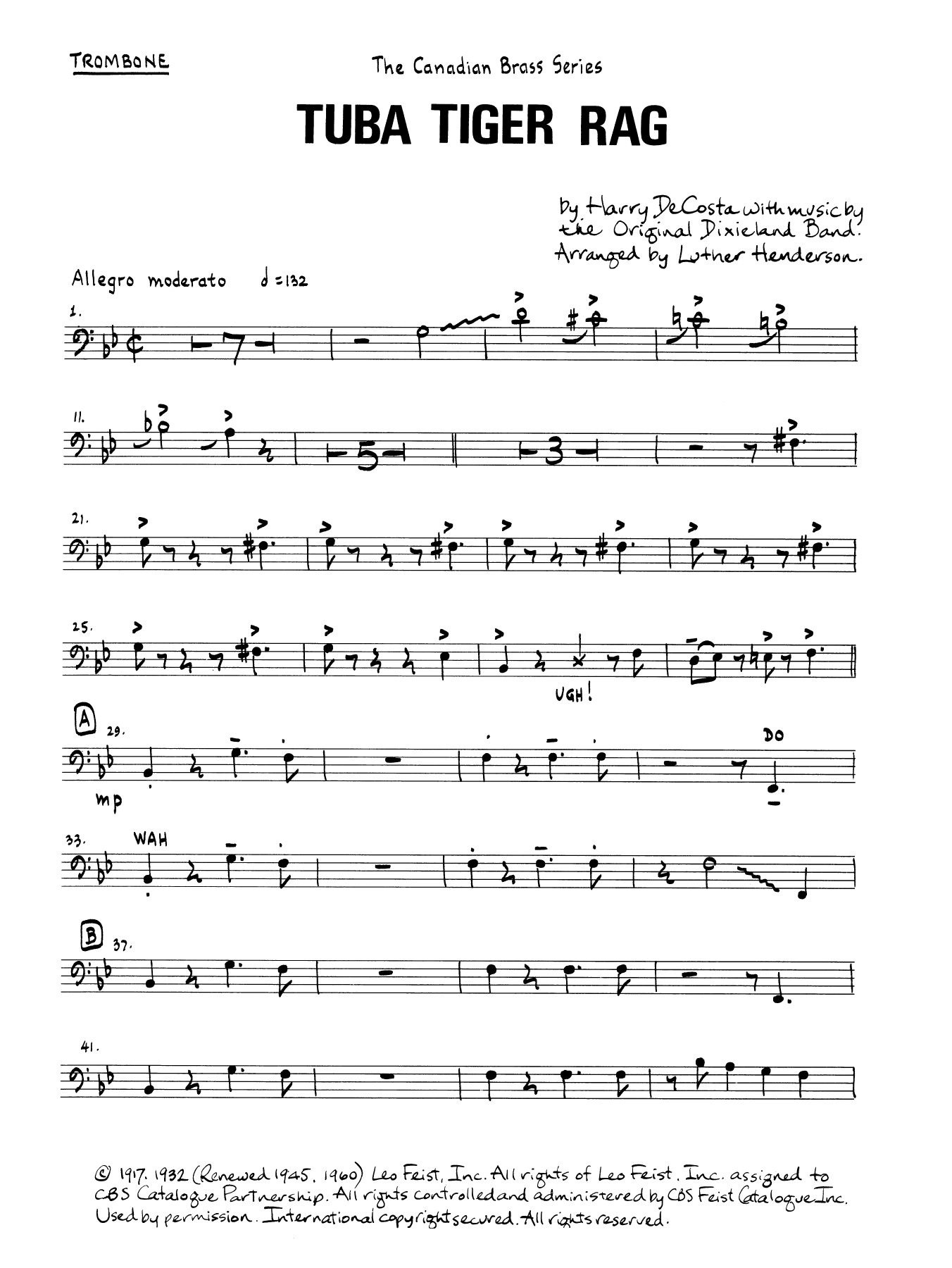 Download Luther Henderson Tuba Tiger Rag - Trombone (B.C.) Sheet Music and learn how to play Brass Ensemble PDF digital score in minutes