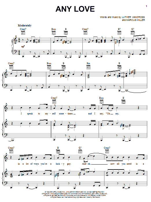 Download Luther Vandross Any Love Sheet Music and learn how to play Piano, Vocal & Guitar (Right-Hand Melody) PDF digital score in minutes
