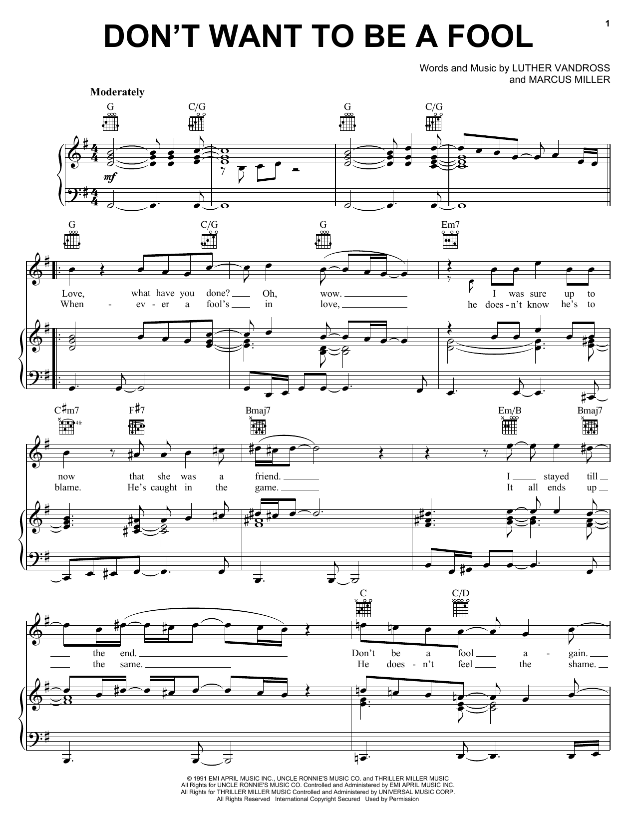 Download Luther Vandross Don't Want To Be A Fool Sheet Music and learn how to play Piano, Vocal & Guitar (Right-Hand Melody) PDF digital score in minutes