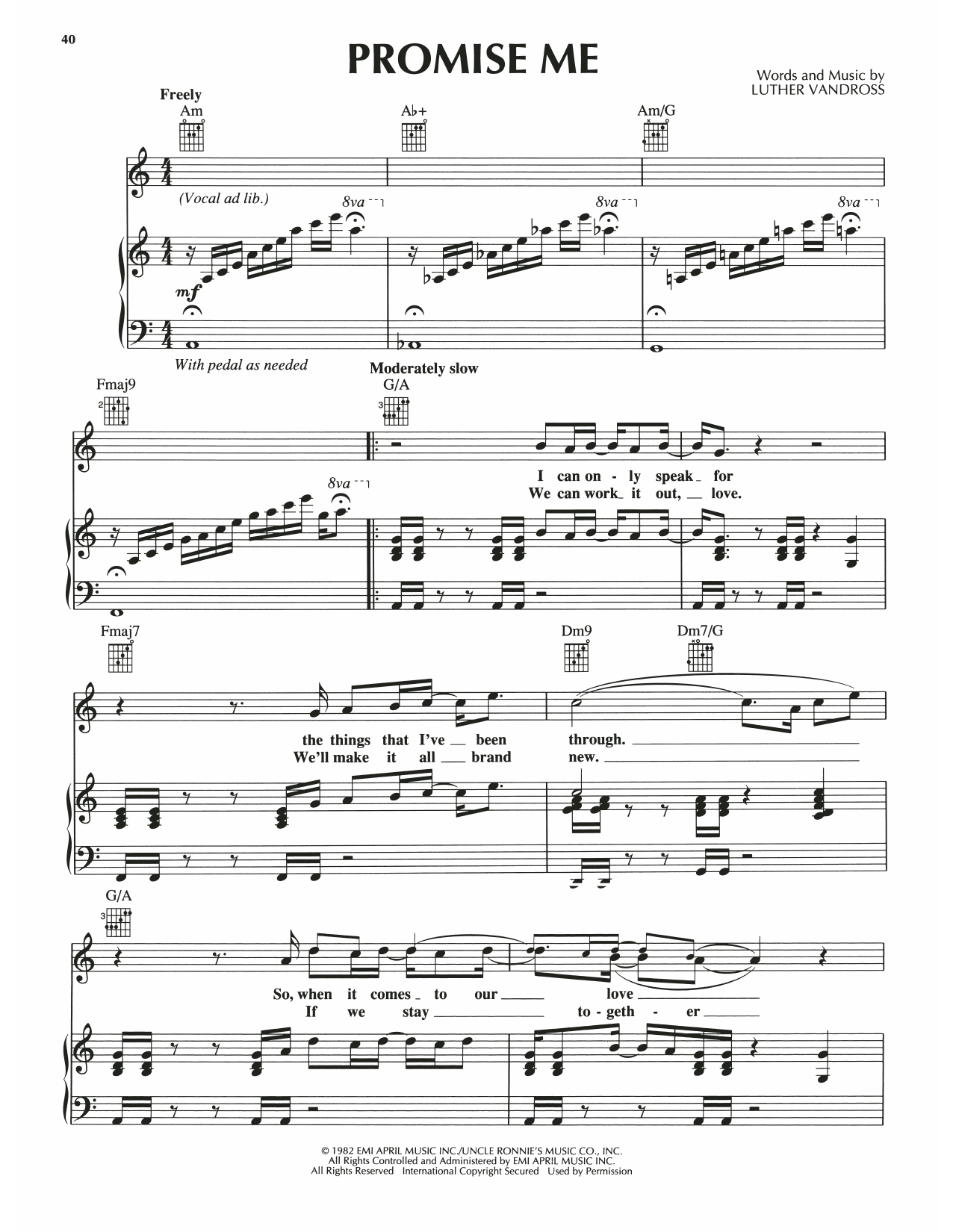 Download Luther Vandross Promise Me Sheet Music and learn how to play Piano, Vocal & Guitar Chords (Right-Hand Melody) PDF digital score in minutes