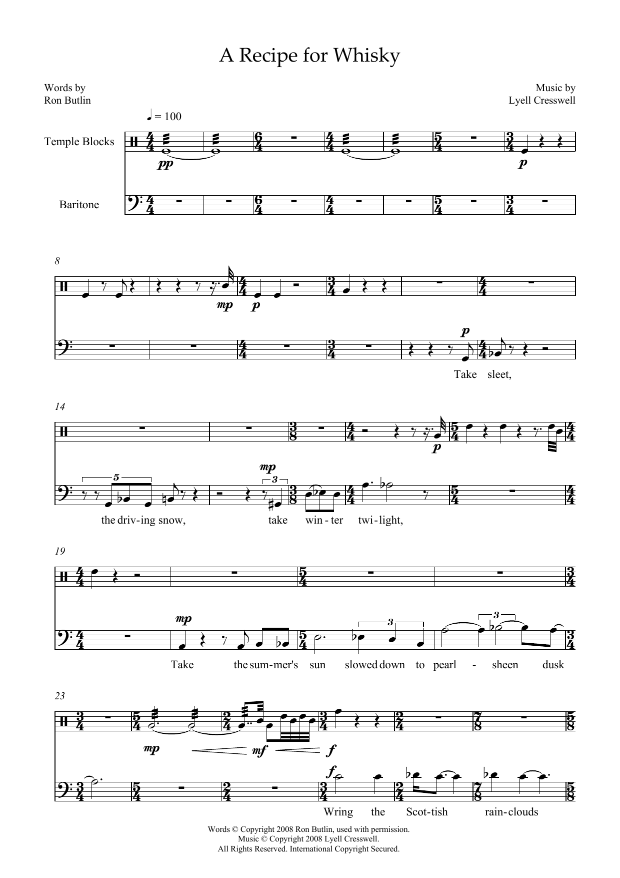 Download Lyell Cresswell A Recipe for Whisky (for baritone & temple blocks) Sheet Music and learn how to play Piano & Vocal PDF digital score in minutes