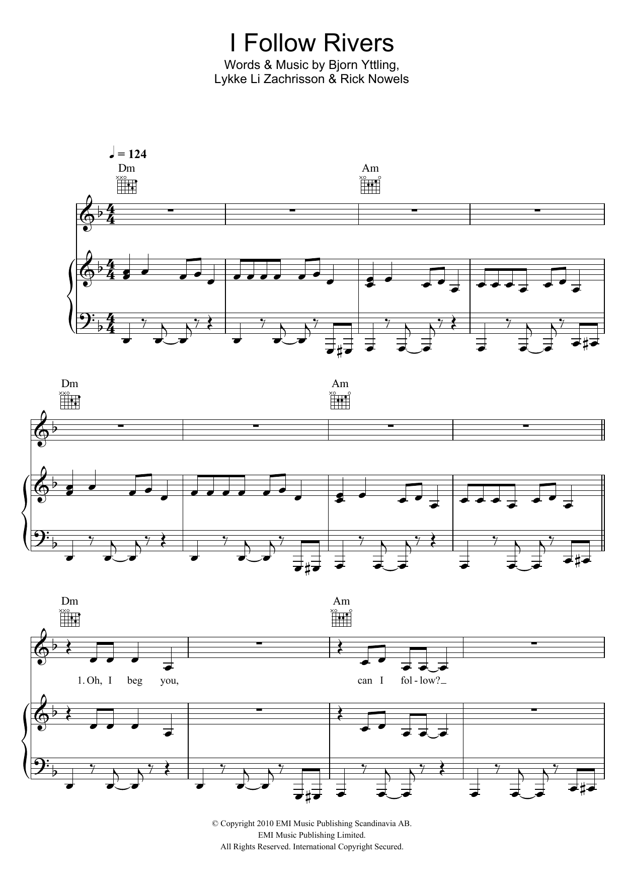 Download Lykke Li I Follow Rivers Sheet Music and learn how to play Piano, Vocal & Guitar (Right-Hand Melody) PDF digital score in minutes