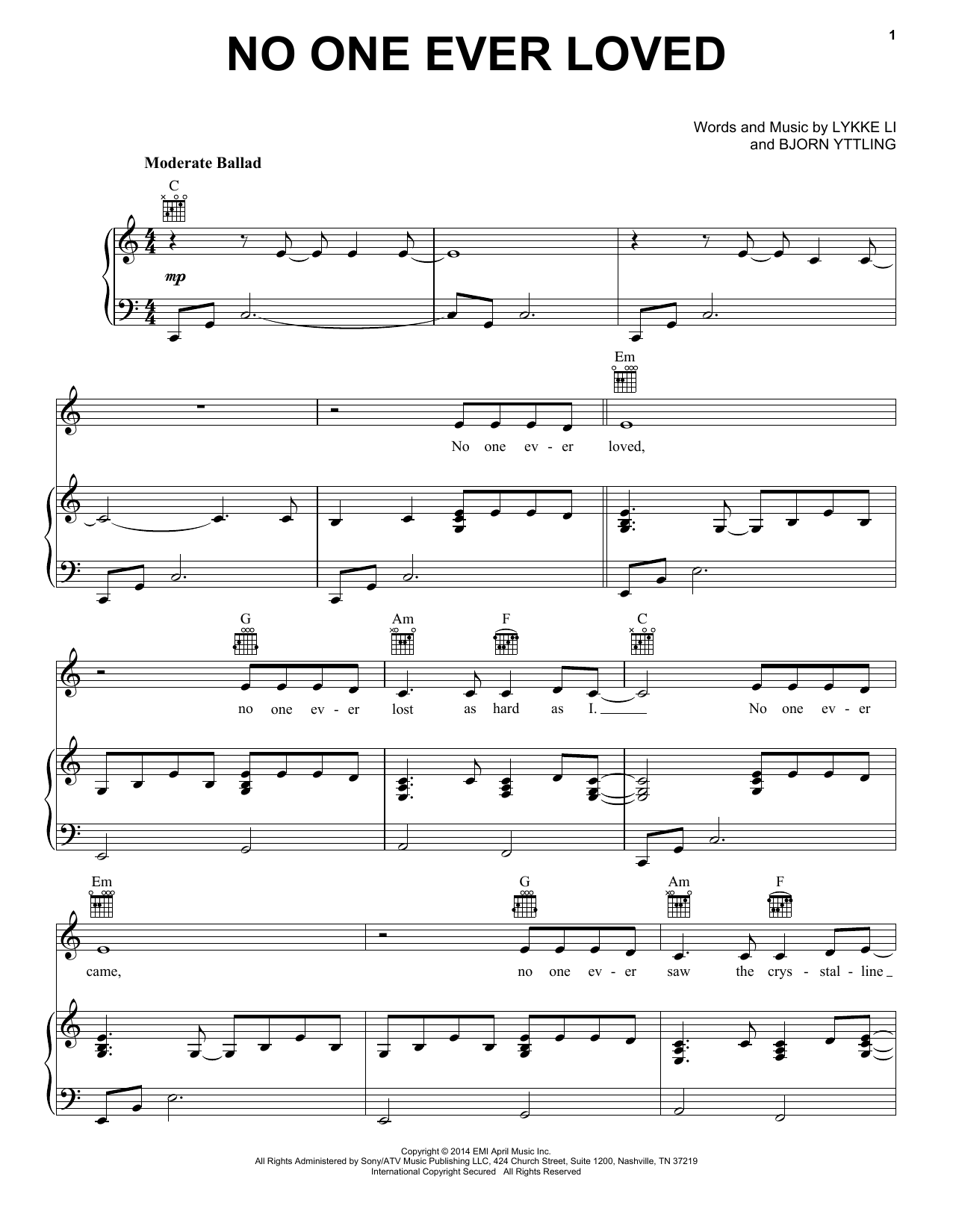 Download Lykke Li No One Ever Loved Sheet Music and learn how to play Piano, Vocal & Guitar (Right-Hand Melody) PDF digital score in minutes