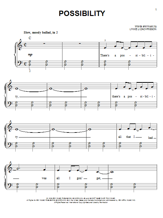 Download Lykke Li Possibility Sheet Music and learn how to play Piano, Vocal & Guitar (Right-Hand Melody) PDF digital score in minutes