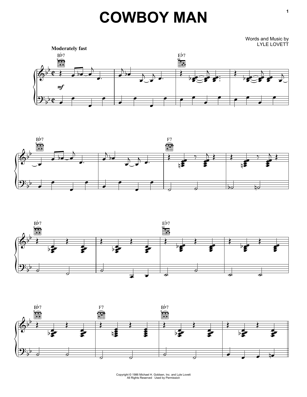 Download Lyle Lovett Cowboy Man Sheet Music and learn how to play Piano, Vocal & Guitar (Right-Hand Melody) PDF digital score in minutes