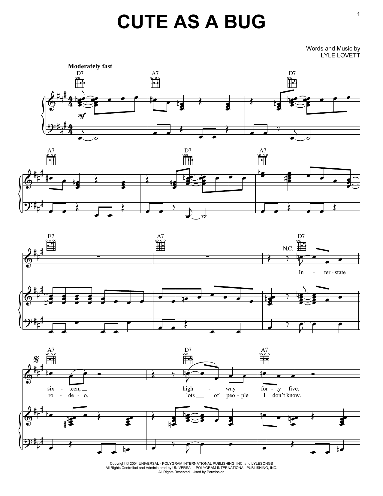 Download Lyle Lovett Cute As A Bug Sheet Music and learn how to play Piano, Vocal & Guitar (Right-Hand Melody) PDF digital score in minutes