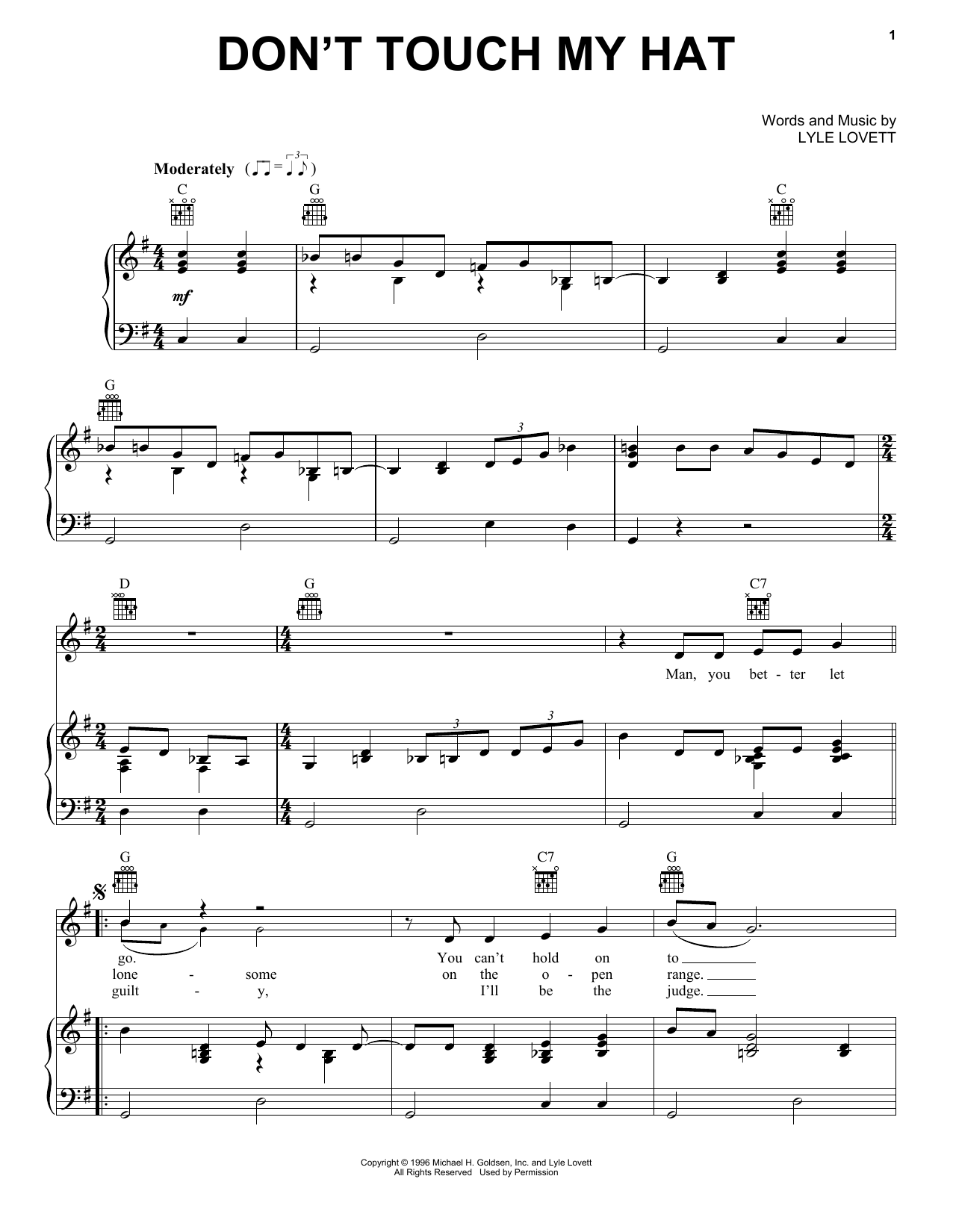 Download Lyle Lovett Don't Touch My Hat Sheet Music and learn how to play Piano, Vocal & Guitar (Right-Hand Melody) PDF digital score in minutes