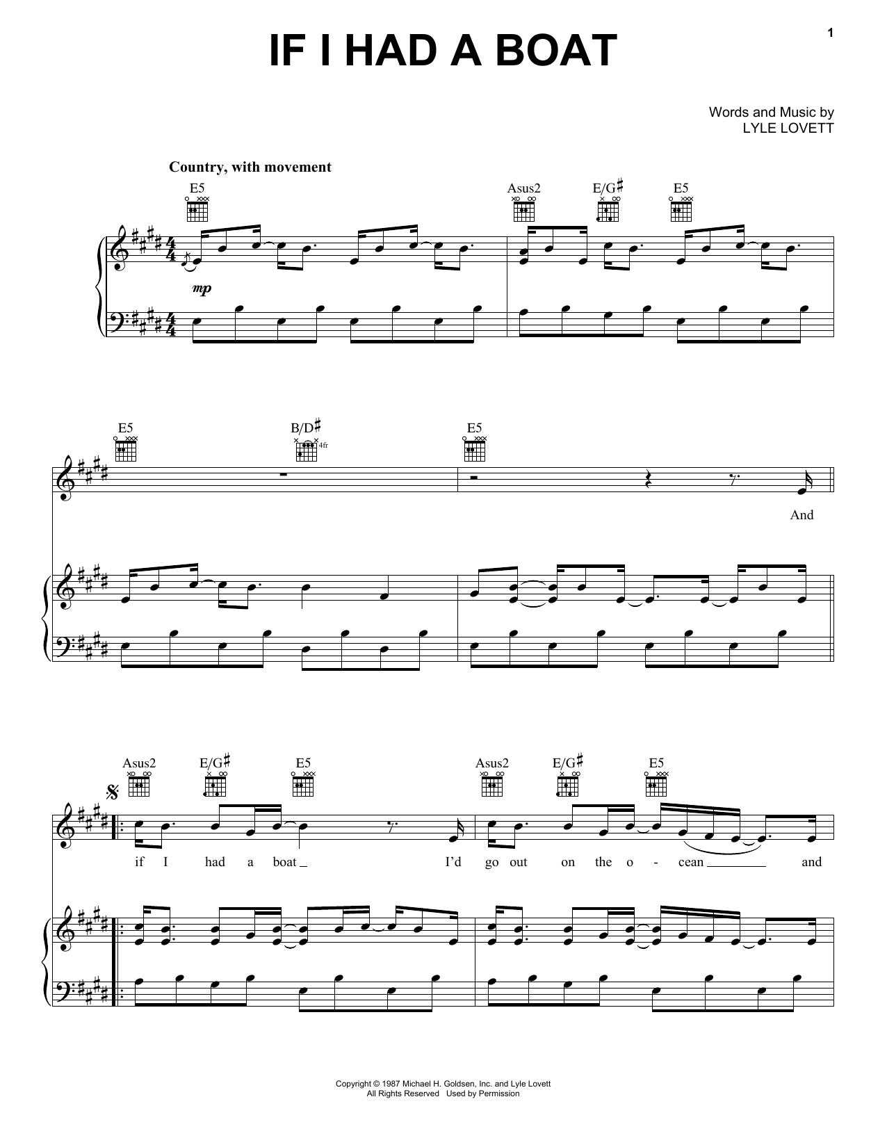 Download Lyle Lovett If I Had A Boat Sheet Music and learn how to play Piano, Vocal & Guitar (Right-Hand Melody) PDF digital score in minutes