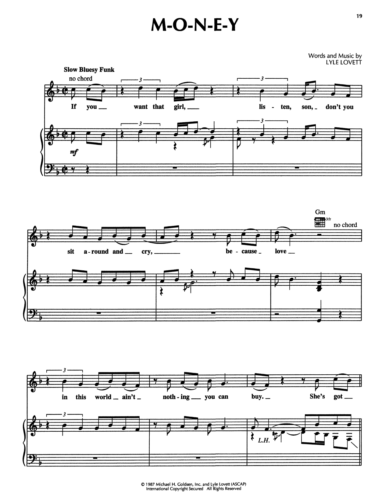 Download Lyle Lovett M-O-N-E-Y (from The Firm) Sheet Music and learn how to play Piano Solo PDF digital score in minutes