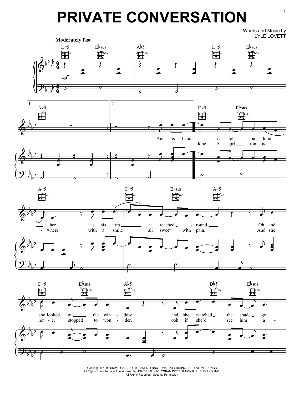Download Lyle Lovett Private Conversation Sheet Music and learn how to play Piano, Vocal & Guitar (Right-Hand Melody) PDF digital score in minutes
