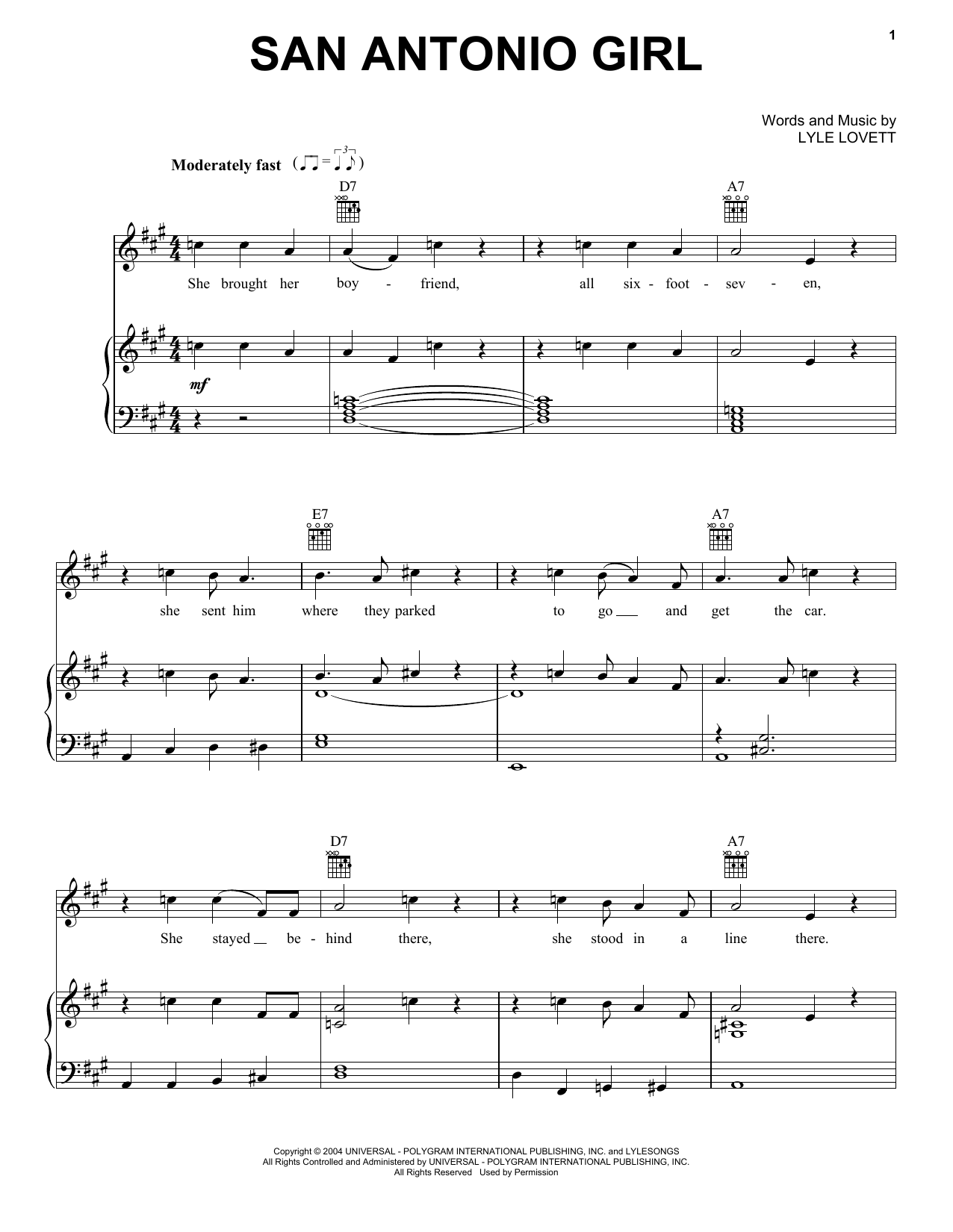 Download Lyle Lovett San Antonio Girl Sheet Music and learn how to play Piano, Vocal & Guitar (Right-Hand Melody) PDF digital score in minutes