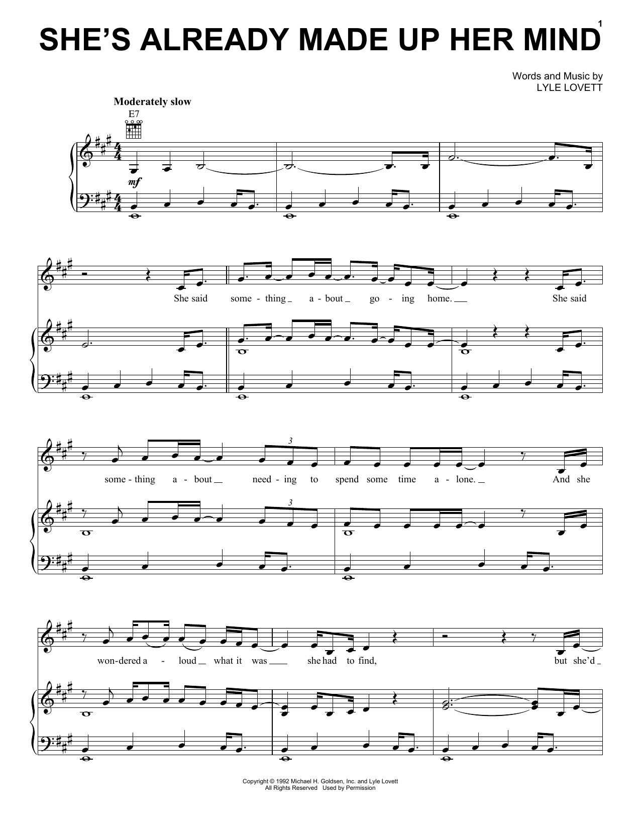 Download Lyle Lovett She's Already Made Up Her Mind Sheet Music and learn how to play Piano, Vocal & Guitar (Right-Hand Melody) PDF digital score in minutes