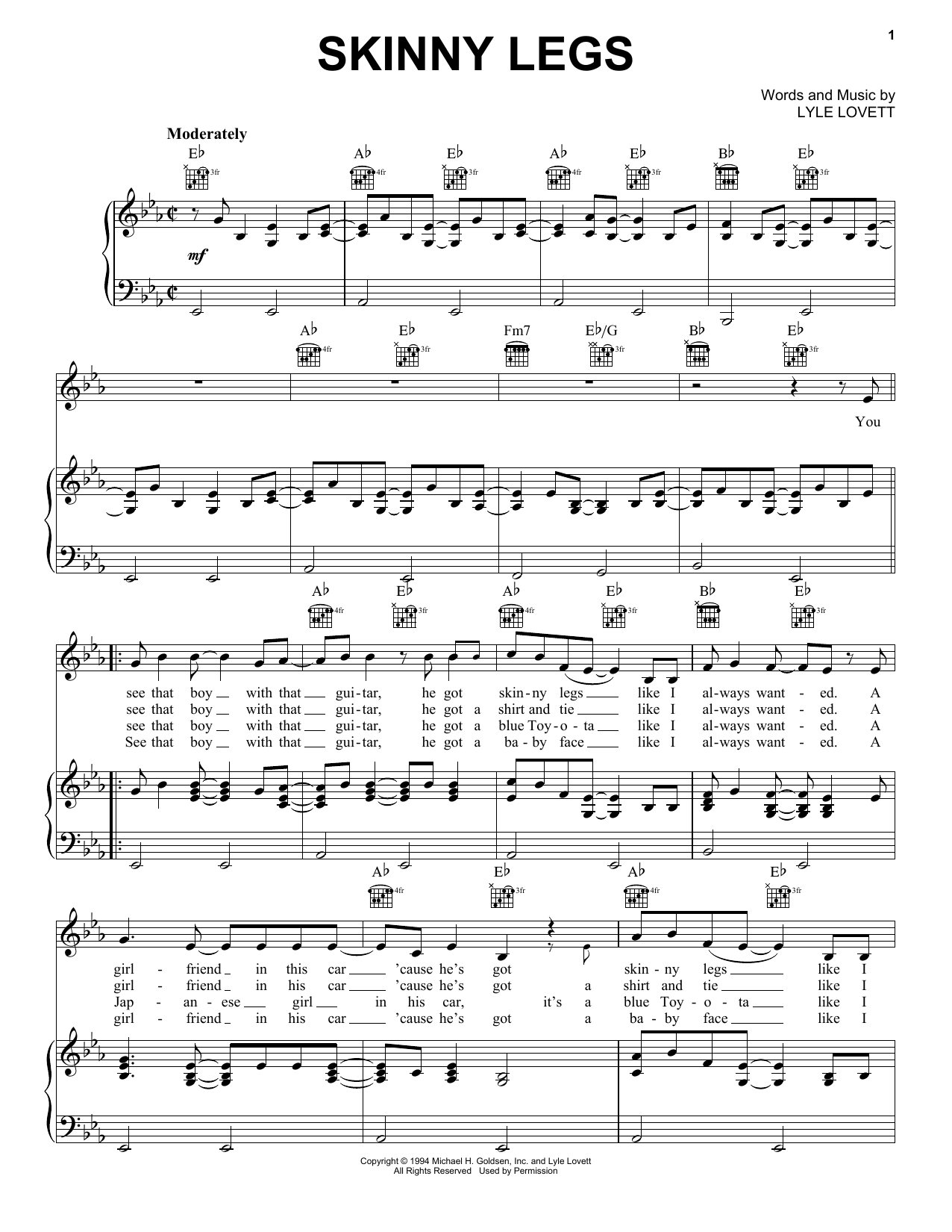 Download Lyle Lovett Skinny Legs Sheet Music and learn how to play Piano, Vocal & Guitar (Right-Hand Melody) PDF digital score in minutes