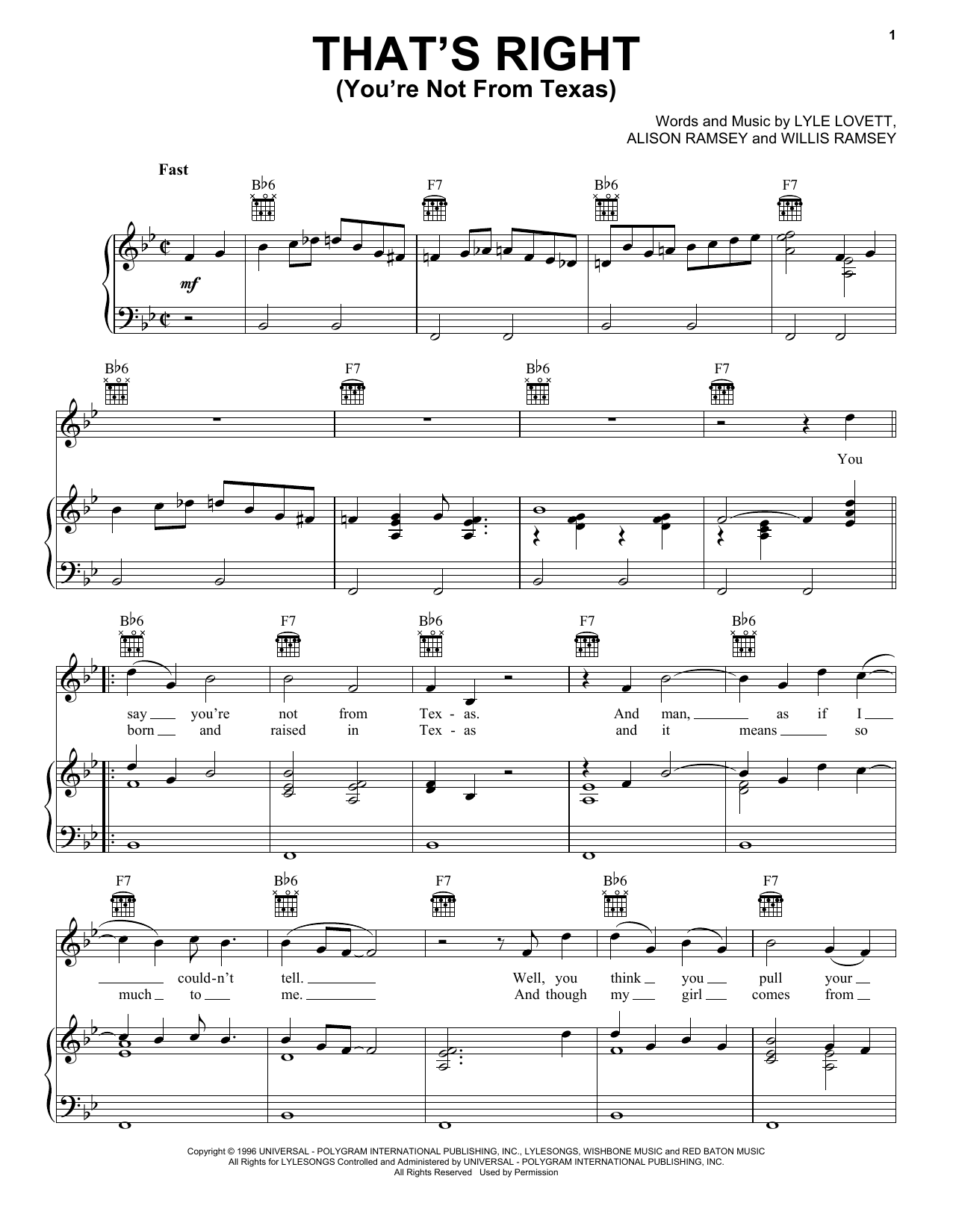 Download Lyle Lovett That's Right (You're Not From Texas) Sheet Music and learn how to play Piano, Vocal & Guitar (Right-Hand Melody) PDF digital score in minutes