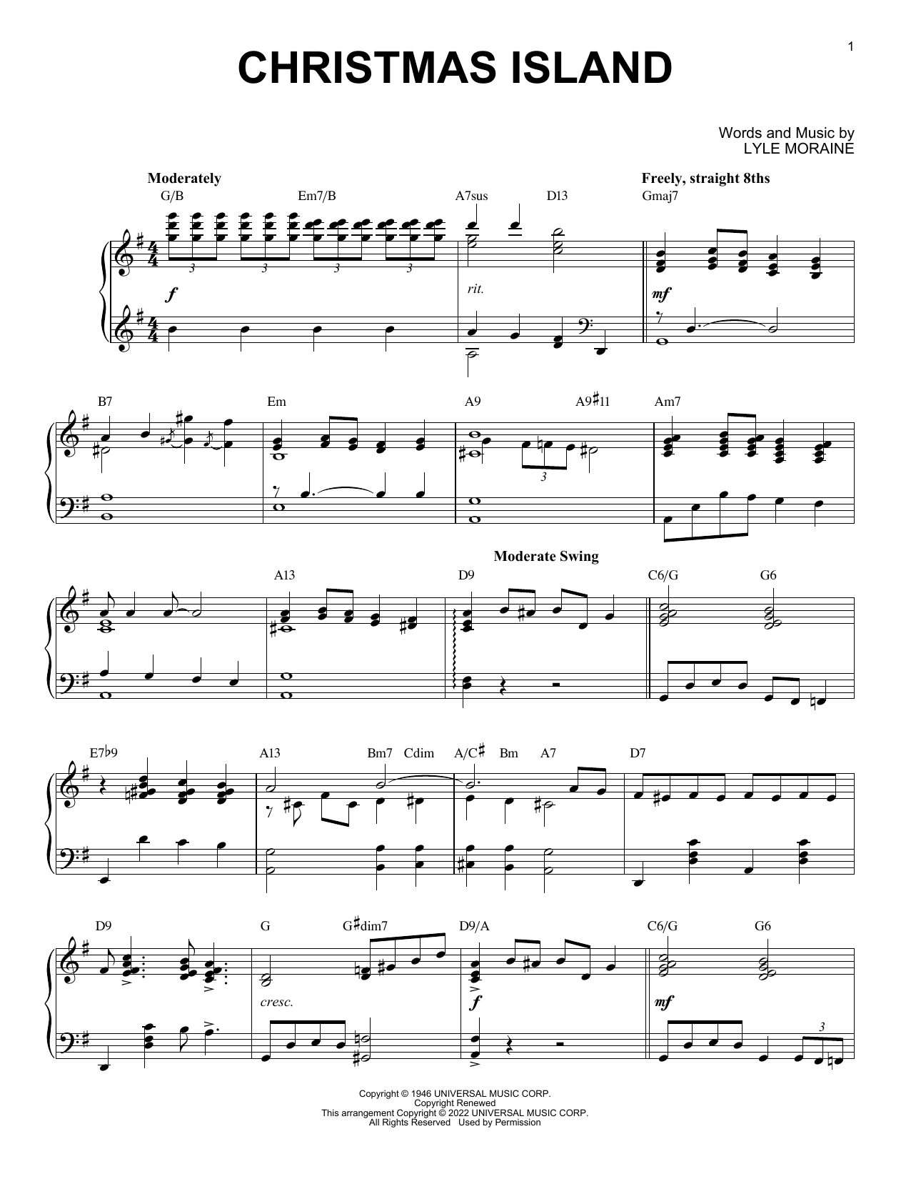 Download Lyle Moraine Christmas Island (arr. Brent Edstrom) Sheet Music and learn how to play Piano Solo PDF digital score in minutes