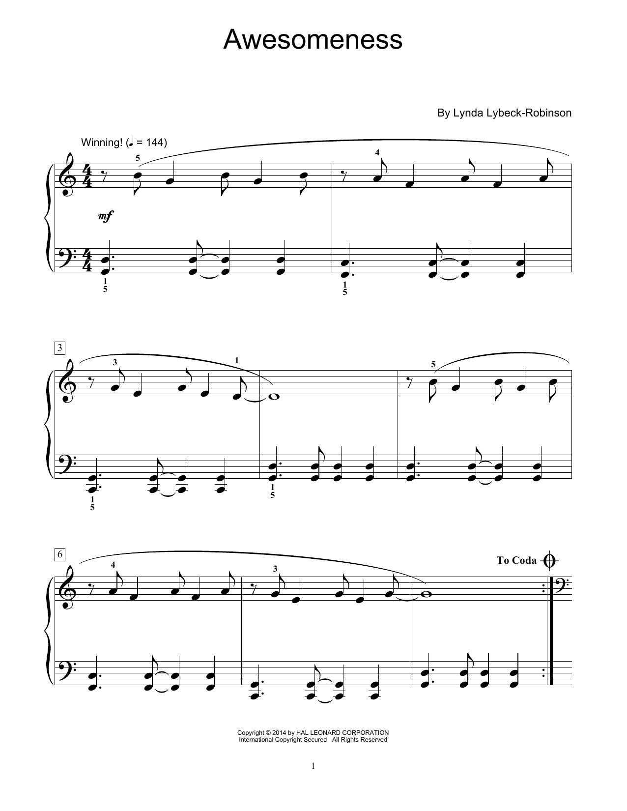 Download Lynda Lybeck-Robinson Awesomeness Sheet Music and learn how to play Easy Piano PDF digital score in minutes