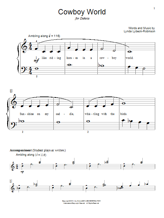 Download Lynda Lybeck-Robinson Cowboy World Sheet Music and learn how to play Easy Piano PDF digital score in minutes