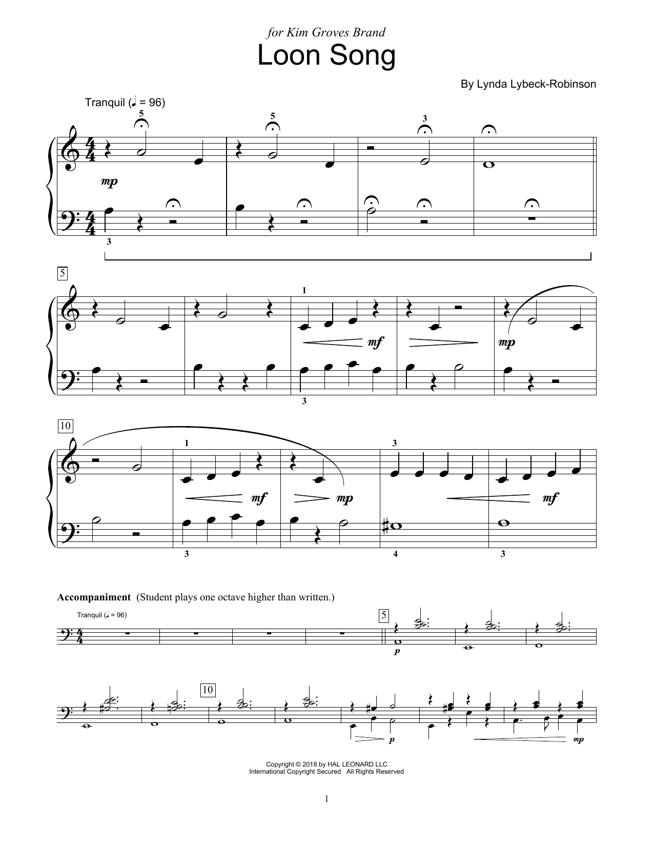 Download Lynda Lybeck-Robinson Loon Song Sheet Music and learn how to play Educational Piano PDF digital score in minutes