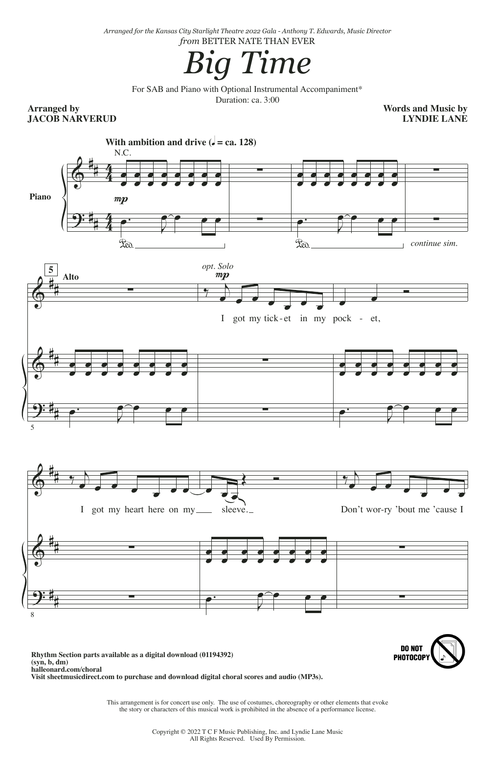 Download Lyndie Lane Big Time (from Better Nate Than Ever) (arr. Jacob Narverud) Sheet Music and learn how to play SAB Choir PDF digital score in minutes