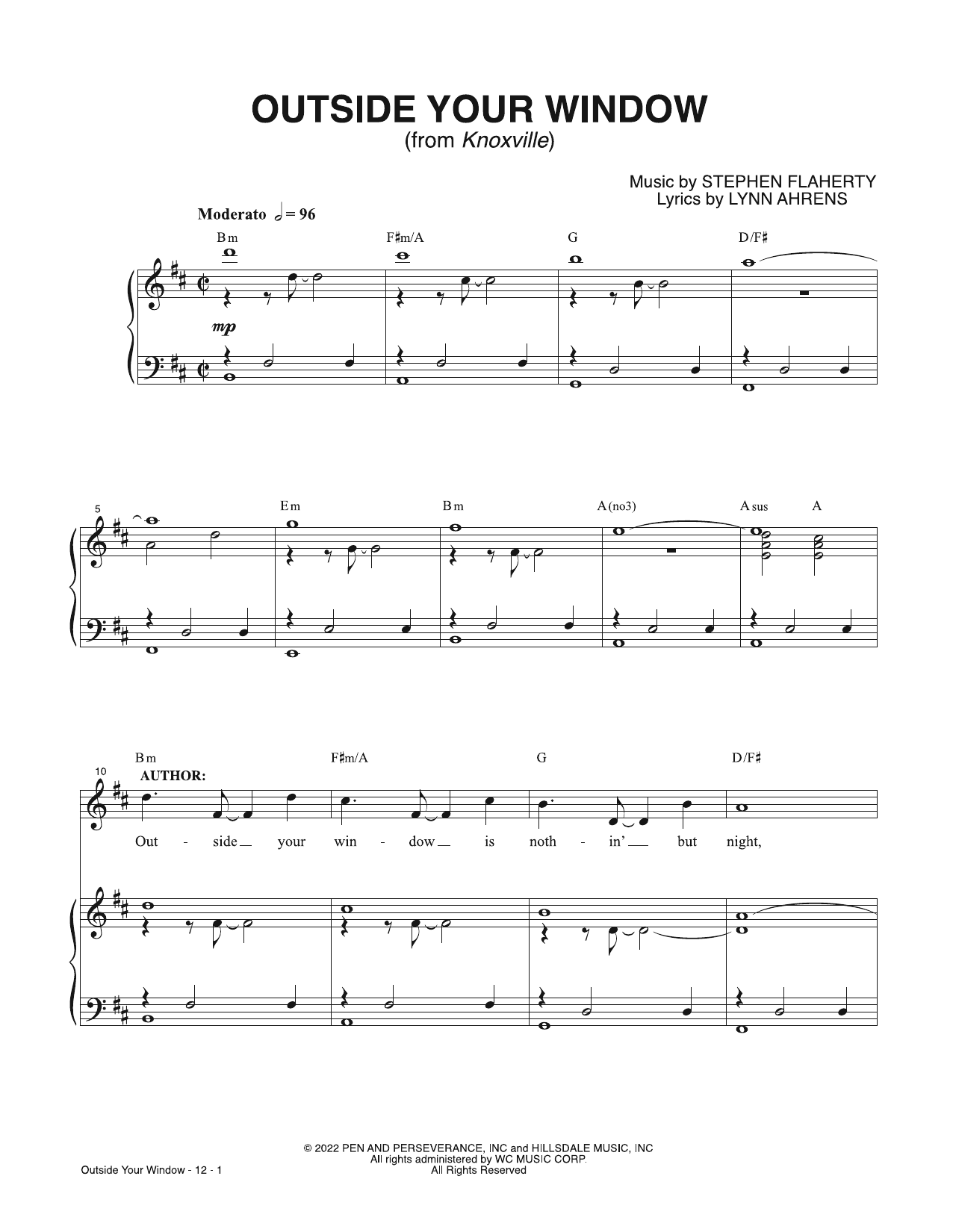 Download Lynn Ahrens & Stephen Flaherty Outside Your Window (from Knoxville) Sheet Music and learn how to play Piano & Vocal PDF digital score in minutes