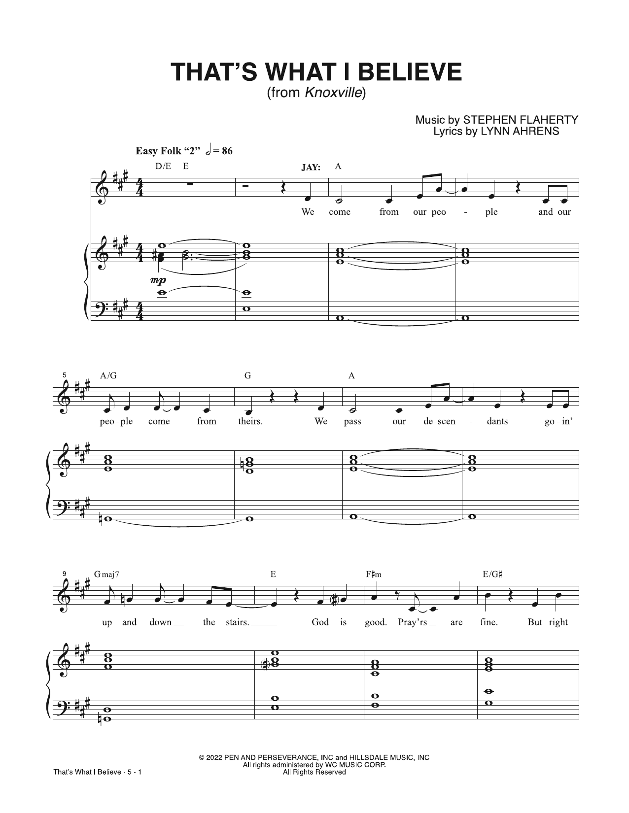 Download Lynn Ahrens & Stephen Flaherty That's What I Believe (from Knoxville) Sheet Music and learn how to play Piano & Vocal PDF digital score in minutes