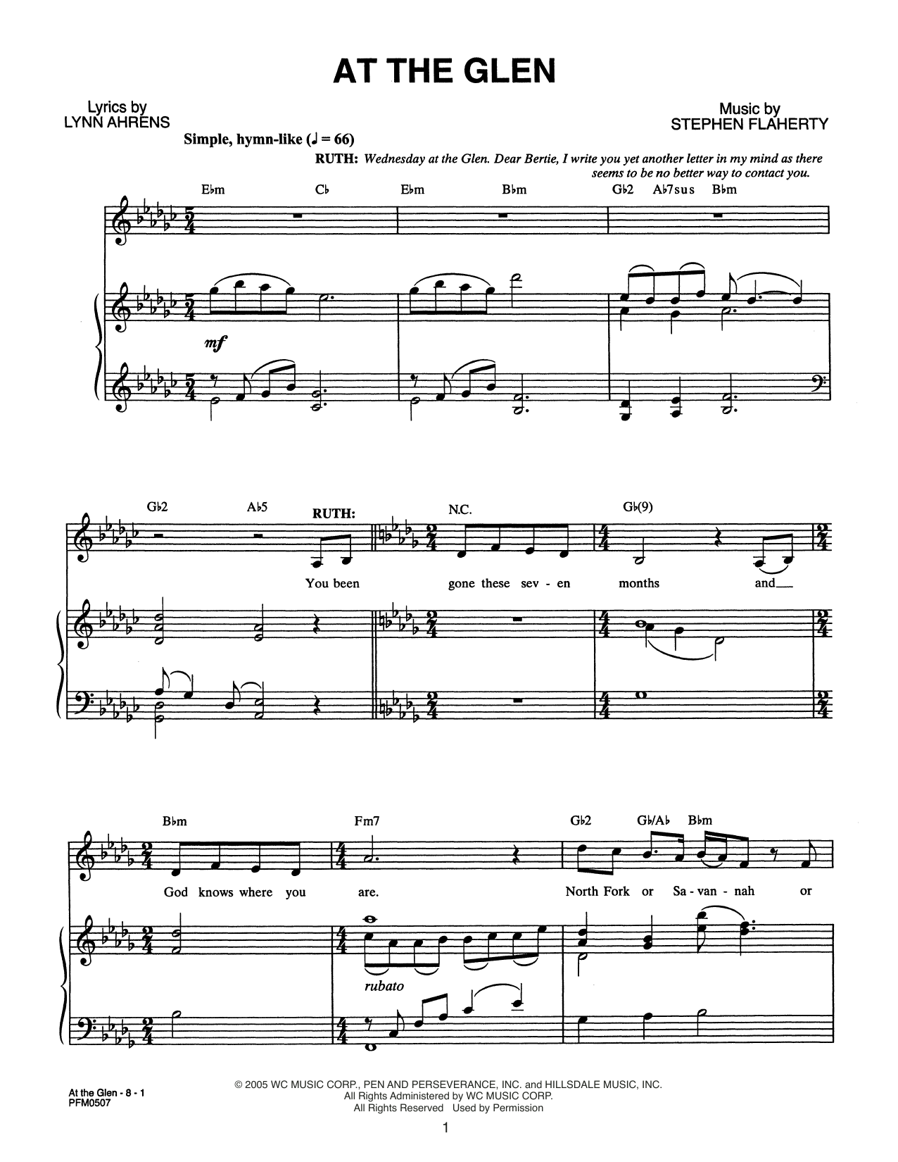 Download Lynn Ahrens and Stephen Flaherty At The Glen (from Dessa Rose: A New Musical) Sheet Music and learn how to play Piano & Vocal PDF digital score in minutes