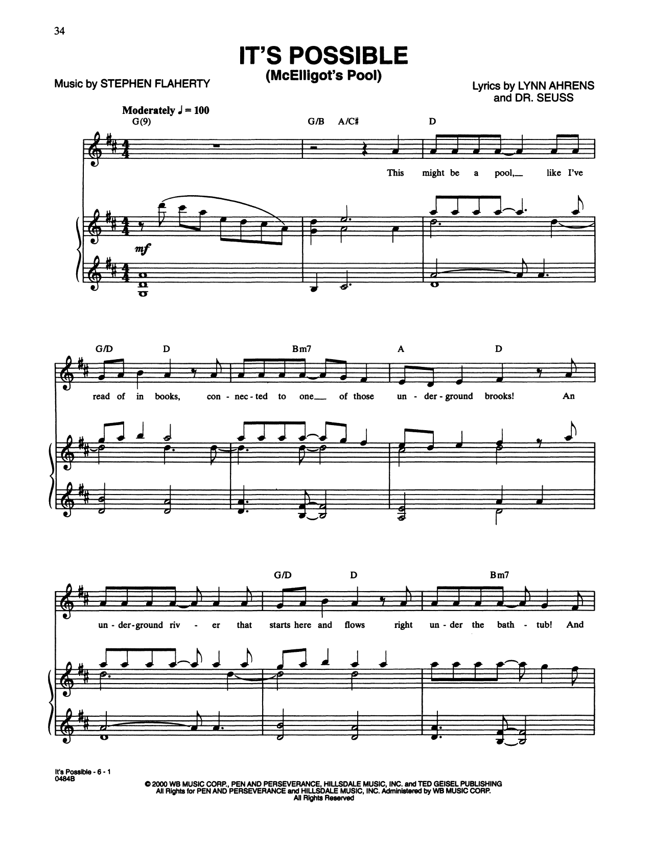 Download Lynn Ahrens and Stephen Flaherty It's Possible (In McElligot's Pool) (from Seussical The Musical) Sheet Music and learn how to play Piano & Vocal PDF digital score in minutes