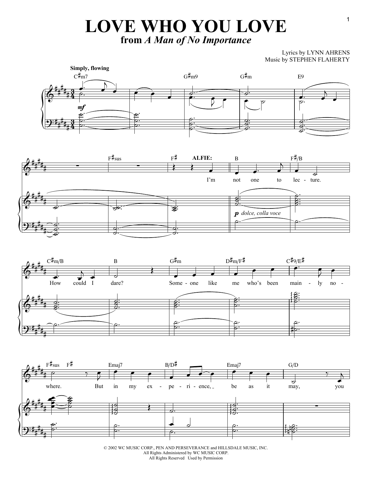 Download Lynn Ahrens and Stephen Flaherty Love Who You Love (from A Man Of No Importance: A New Musical) Sheet Music and learn how to play Piano & Vocal PDF digital score in minutes