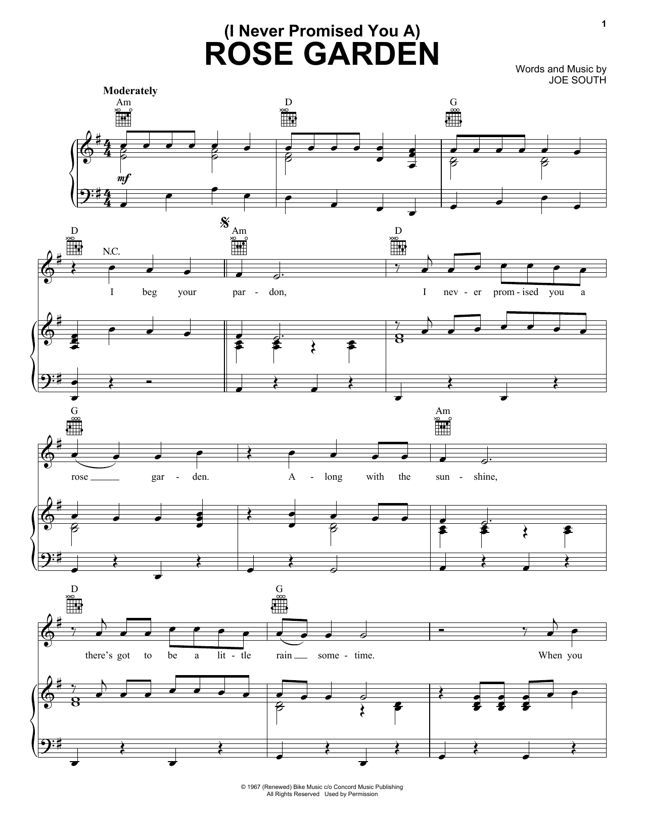 Download Lynn Anderson (I Never Promised You A) Rose Garden Sheet Music and learn how to play Piano, Vocal & Guitar (Right-Hand Melody) PDF digital score in minutes