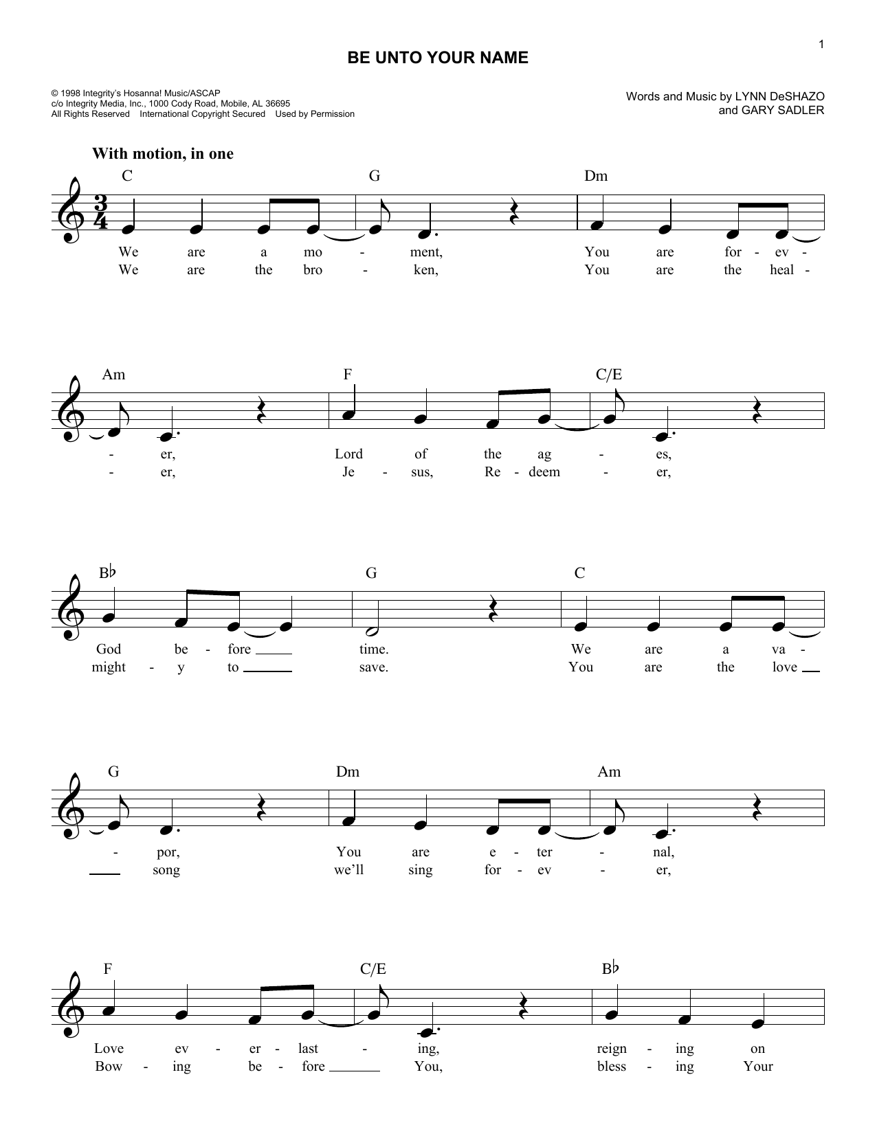 Download Lynn DeShazo Be Unto Your Name Sheet Music and learn how to play Melody Line, Lyrics & Chords PDF digital score in minutes