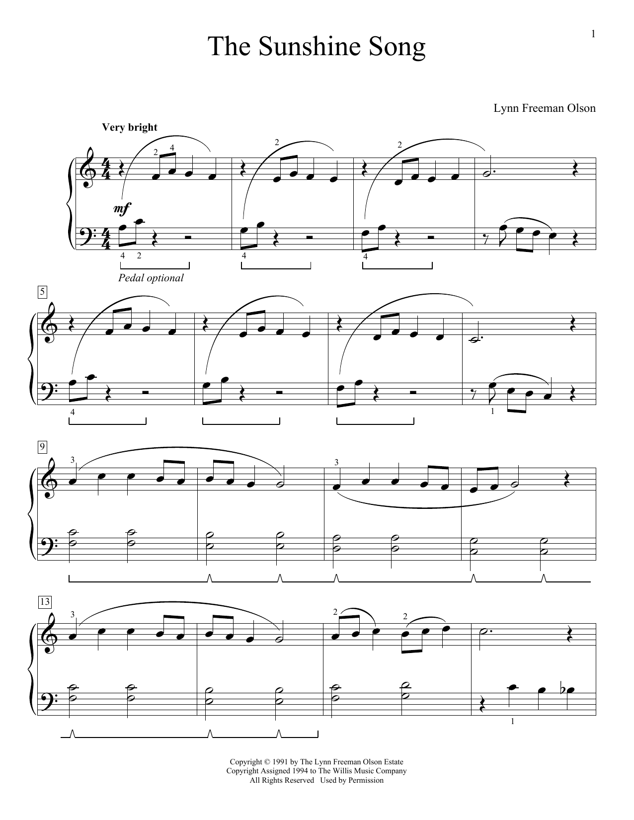 Download Lynn Freeman Olson The Sunshine Song Sheet Music and learn how to play Educational Piano PDF digital score in minutes