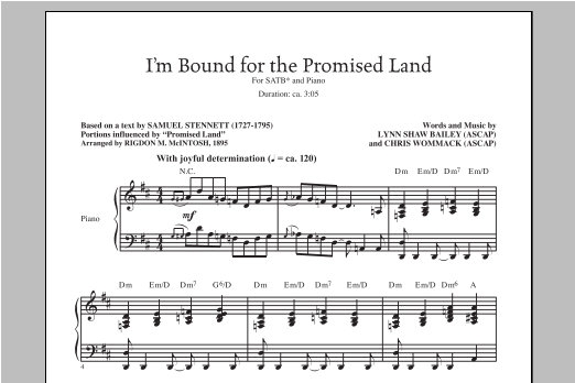 Download Lynn Shaw Bailey I'm Bound For The Promised Land Sheet Music and learn how to play TTBB PDF digital score in minutes