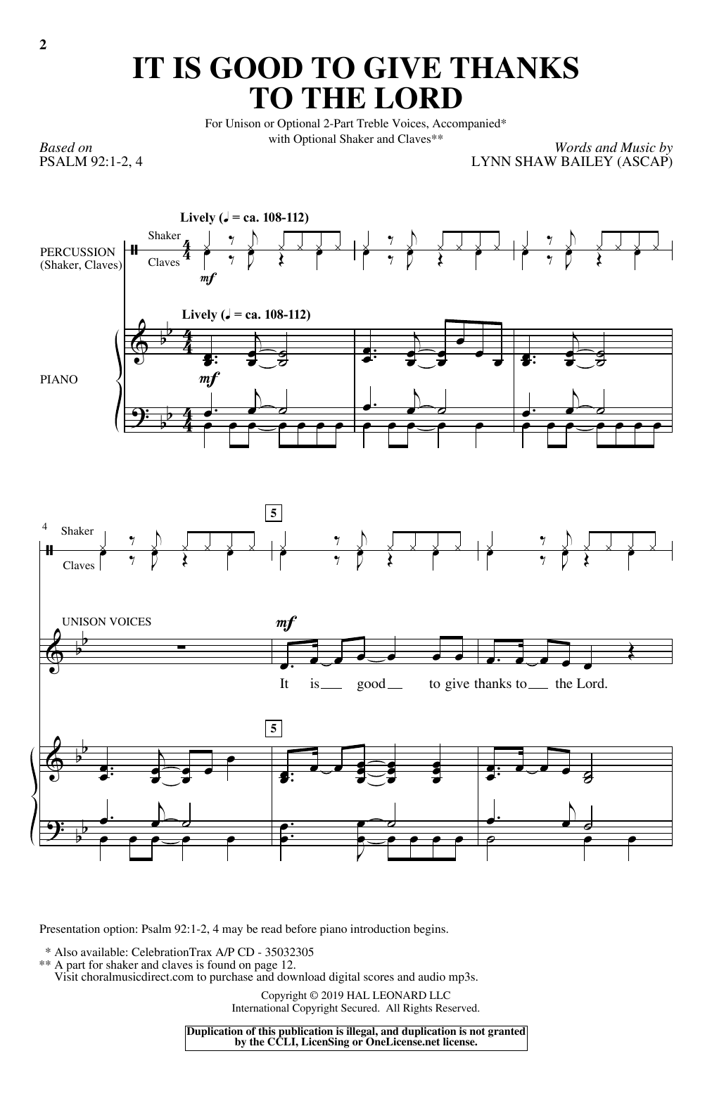 Download Lynn Shaw Bailey It Is Good To Give Thanks To The Lord Sheet Music and learn how to play Unison Choir PDF digital score in minutes