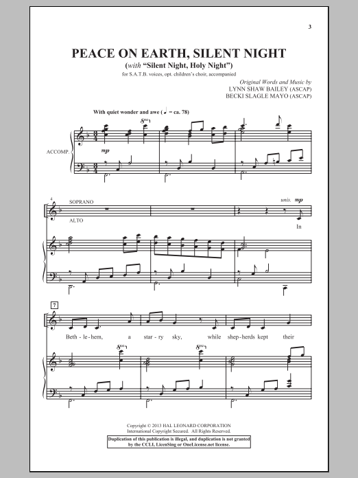 Download Lynn Shaw Bailey Peace On Earth, Silent Night Sheet Music and learn how to play SATB PDF digital score in minutes